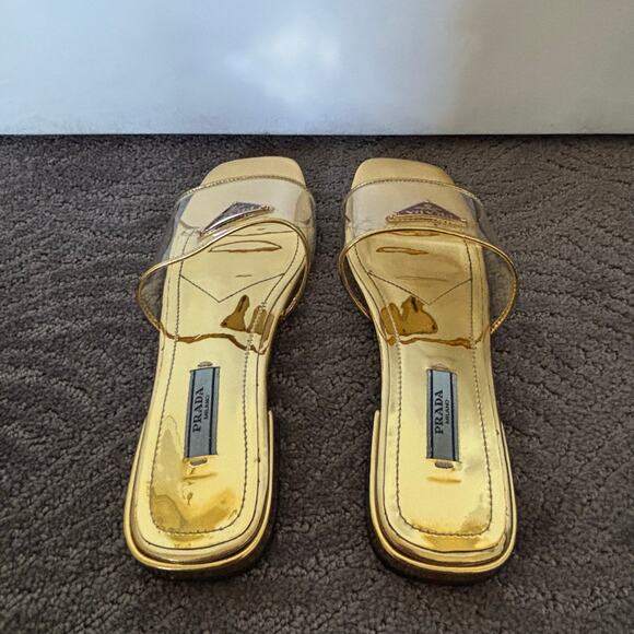 Prada Ciabatte Clear PVC Enameled Triangle Logo Flat Sandal Platino Gold Size 37 - Picture 5 of 14